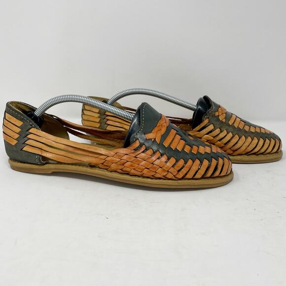 Colorful Leather Huaraches Size MX 5 US 7.5 Women Sandals Green Tan - Picture 4 of 7